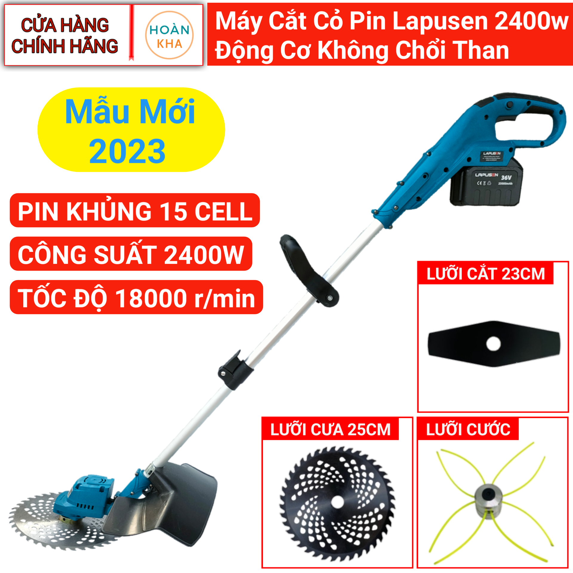 Máy Cắt Cỏ Pin LAPUSEN Công Suất 2400w, Pin Khủng 25000mah, Động Cơ Không Chổi Than, Hàng Chính Hãng