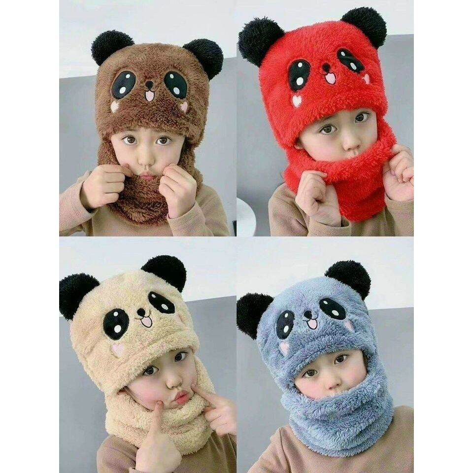 Mũ - Nón Len chùm đầu tai gấu PANDA liền khăn cổ giữ ấm chống gió