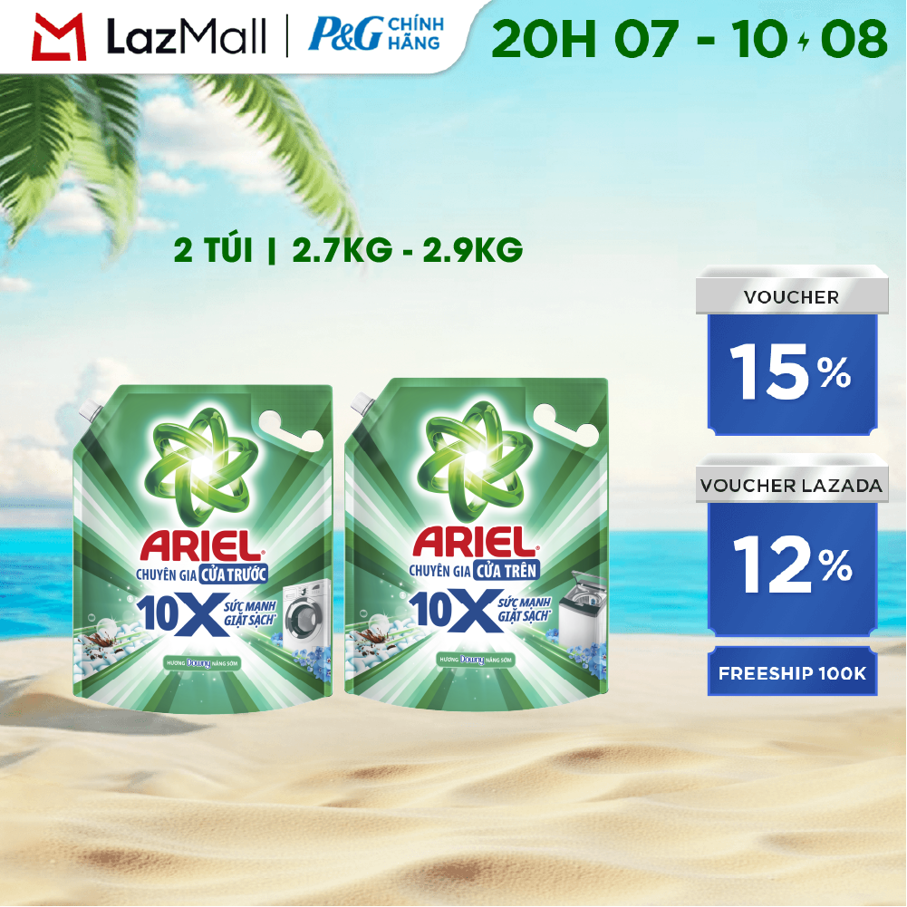 Combo 2 Nước Giặt Gel ARIEL 10X Sức Mạnh Giặt Sạch Chuyên Gia Cửa Trước - Cửa Trên Hương Downy Nắng Sớm Túi 2.7KG/ 2.9KG