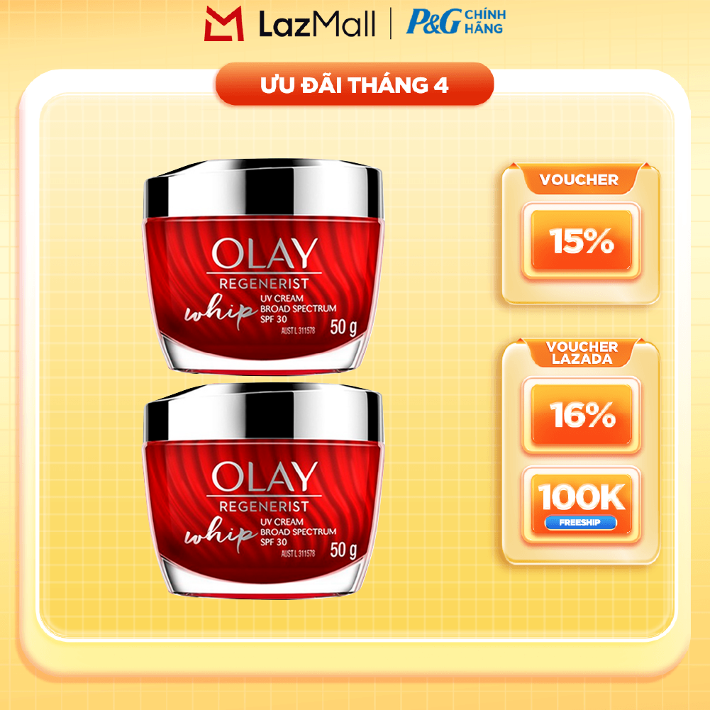 Combo 2 Kem Dưỡng Ban Ngày OLAY REGENERIST WHIP Căng Mướt, Sáng Khỏe  Ngăn Ngừa Dấu Hiệu Lão Hóa Ngăn Tia UV SPF 30 Hũ 50G