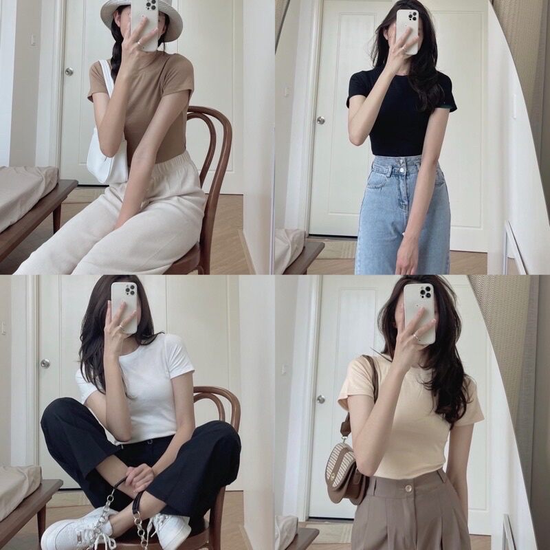 Áo thun croptop, áo phông dễ phối đồ. Có 4 màu đen, trắng, bơ, be