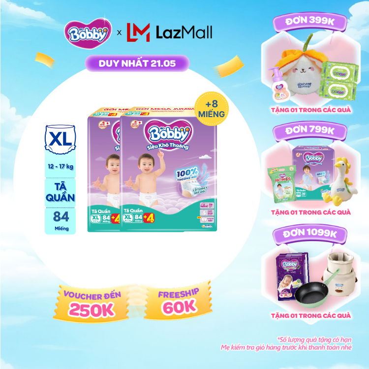 [SALE CUỐI THÁNG tặng QUÀ TO-SLCH][TẶNG MIẾNG NGẪU NHIÊN] Combo 2 Tã/bỉm quần Bobby 3mm Mega Jumbo Siêu khô thoáng XL84