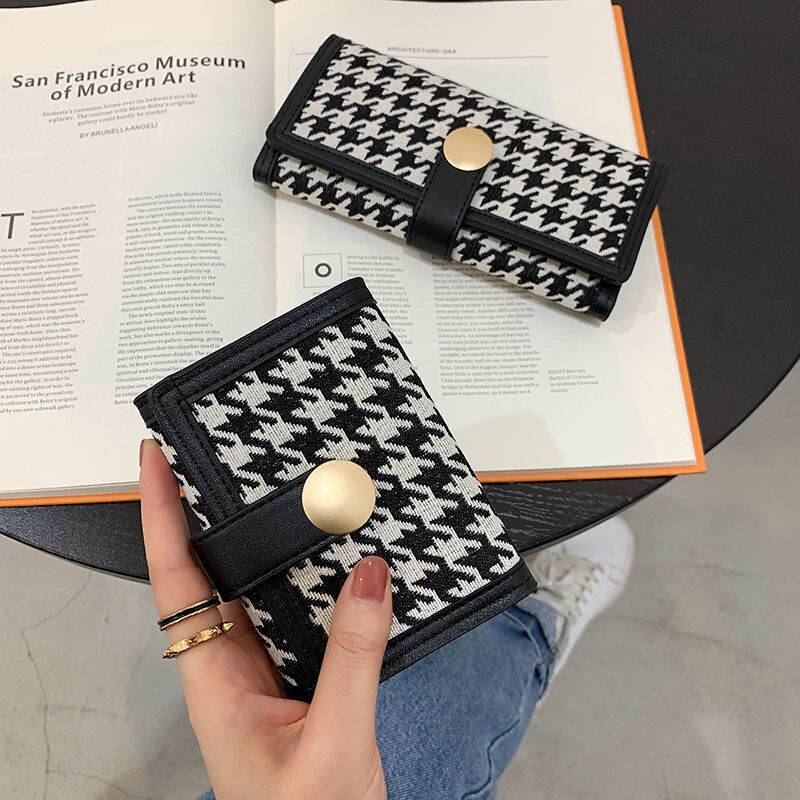 Ví tiền nhỏ vải bố họa tiết houndstooth mẫu mới ví tiền lẻ gấp gọn màu tương phản mẫu ngắn nữ ví cầm tay mẫu dài có nhiều chỗ cài thẻ