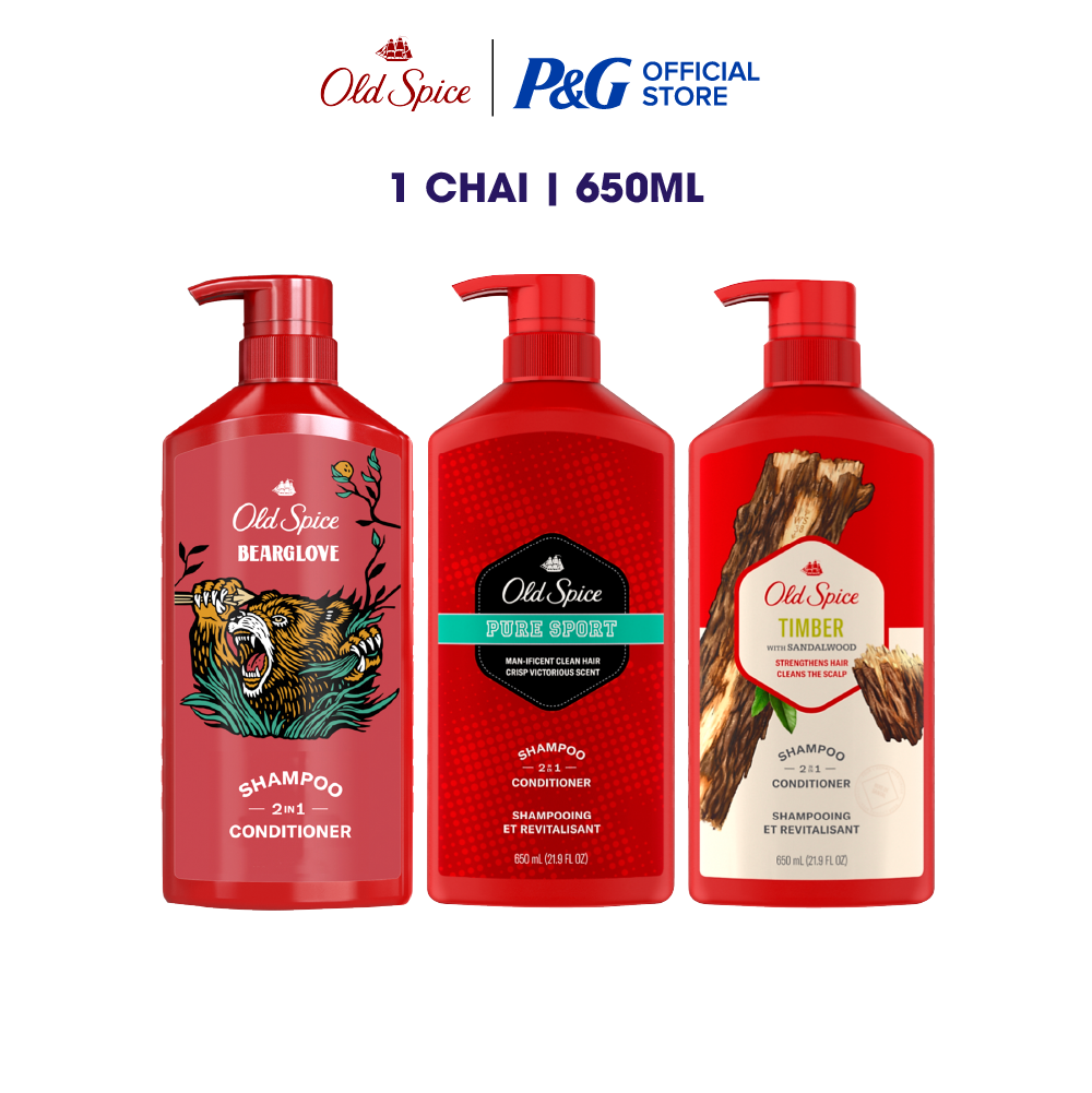 Dầu Gội OLD SPICE 2in1 Hương Nước Hoa Cho Nam Chai 650ml Hương Timber/ Pure Sport/ Beargloves