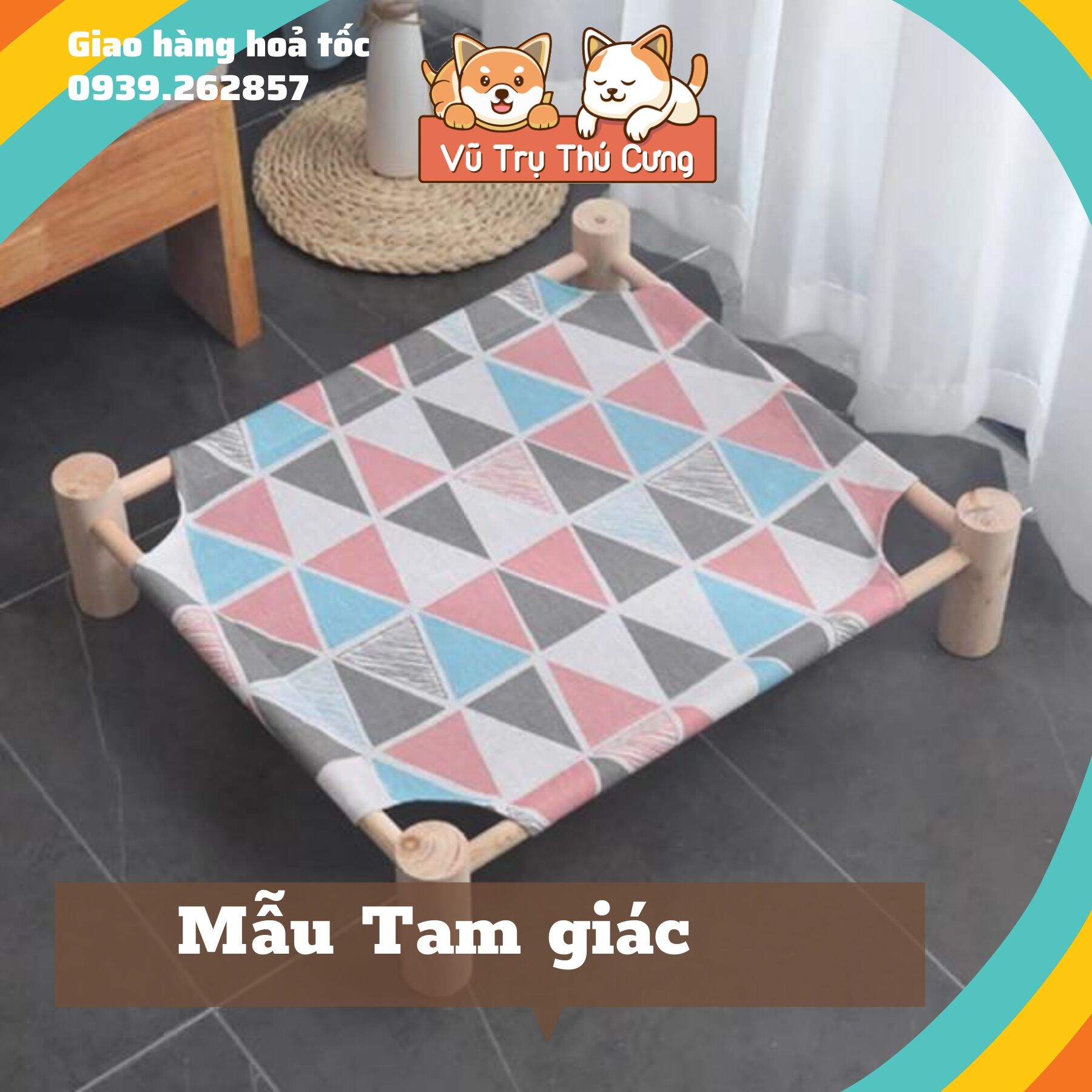 Giường gỗ cho thú cưng, Nệm ngủ chó mèo hoạ tiết xinh xắn