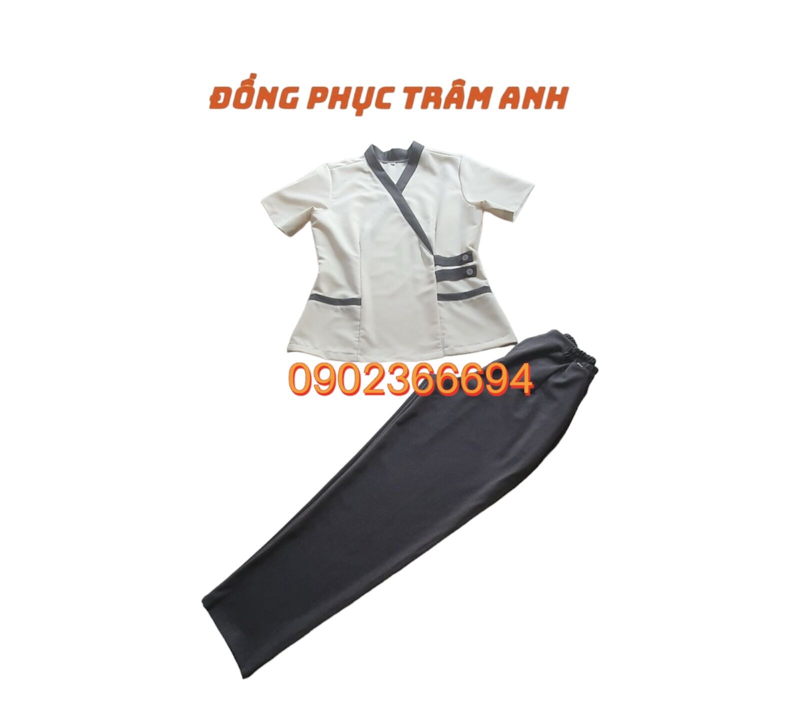 Đồng phục spa kem viền xám