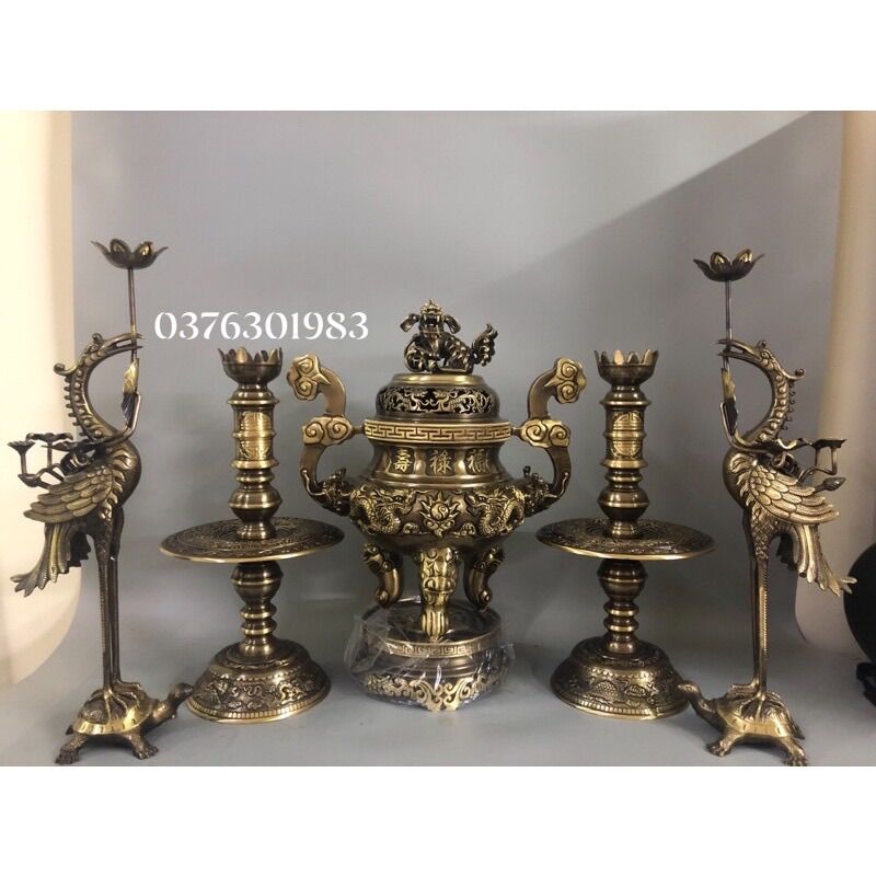 Bộ đỉnh thờ lư thờ bằng đồng nguyên chất hun màu giả cổ cao 45cm