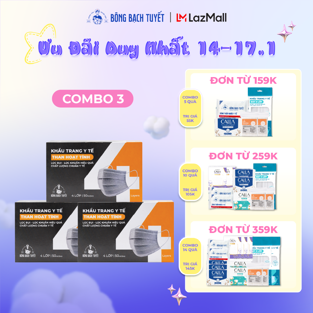 Combo 3 Hộp Khẩu trang Bông Bạch Tuyết than hoạt tính 4 lớp (50 cái/hộp)