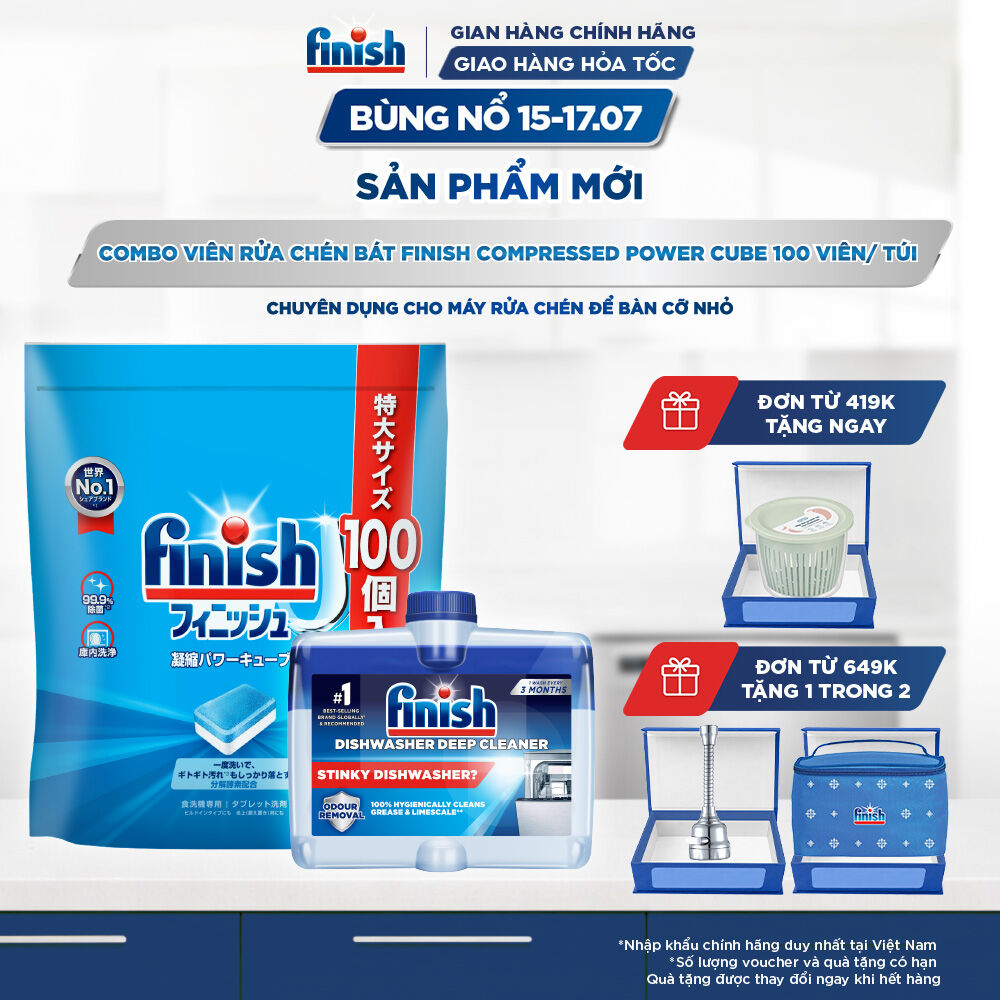 Combo Finish: Viên Rửa Chén Finish Nhật Bản Power Cube 100 Viên + Dung Dịch Vệ Sinh Máy 250ml