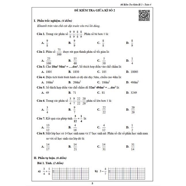 Sách - Đề Kiểm Tra Toán Lớp 4 - Tập 2 (1 cuốn)