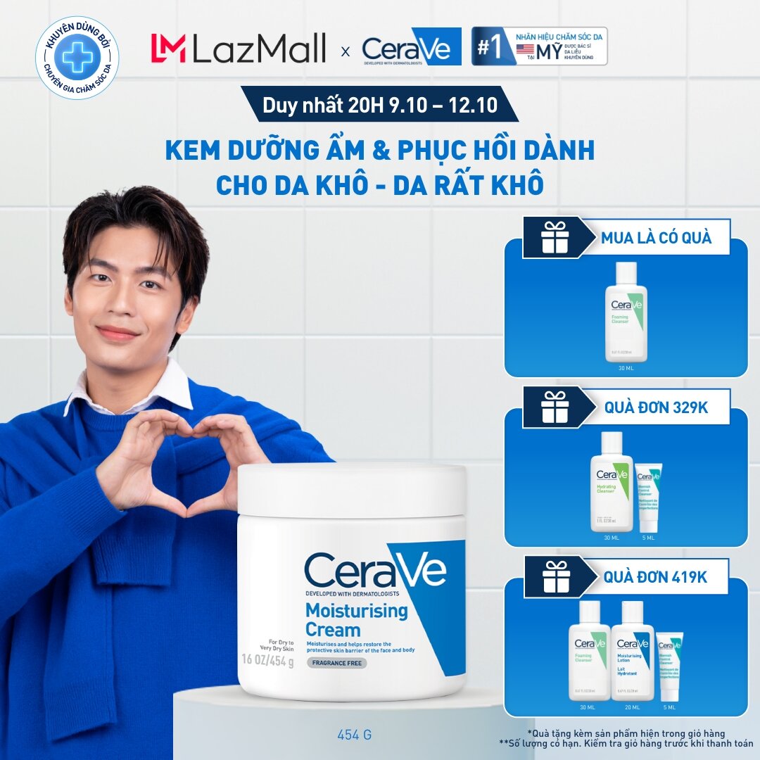 Kem dưỡng ẩm phục hồi sâu và ẩm mịn suốt 48H dành cho da khô, duy trì hàng rào bảo vệ da CERAVE MOISTURISING CREAM 454G