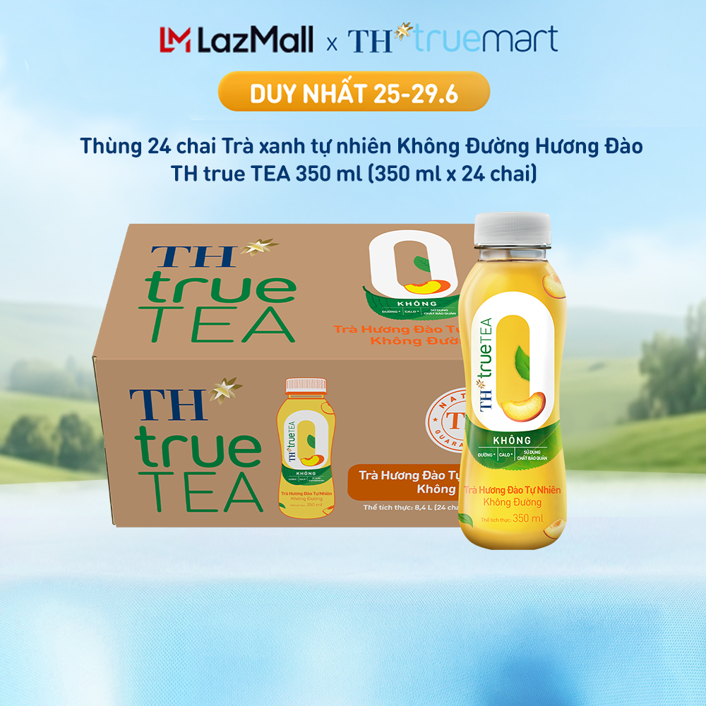 Thùng 24 chai Trà xanh tự nhiên Không Đường Hương Đào TH true TEA 350 ml