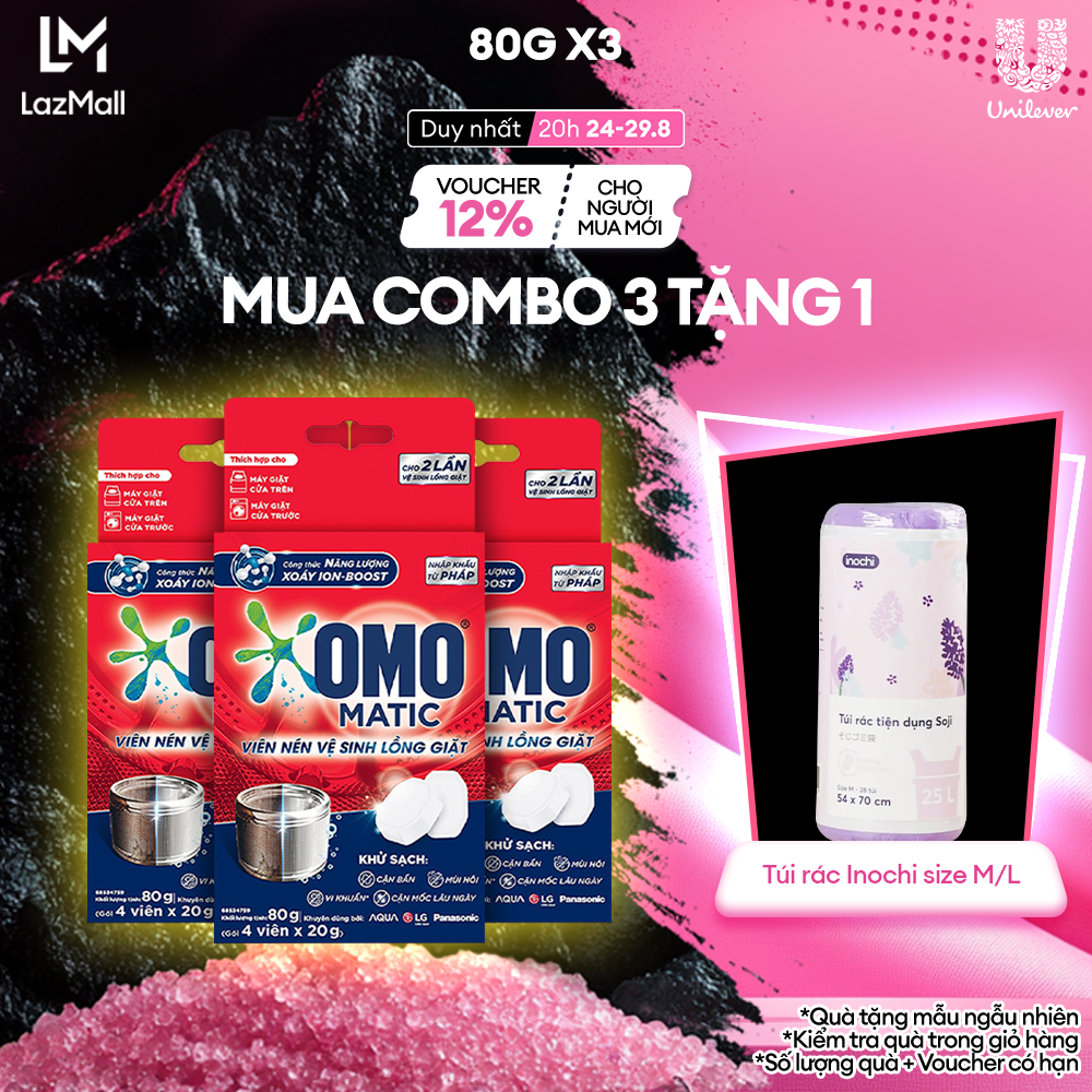 Combo 3 hộp Viên nén vệ sinh lồng giặt OMO Matic nhập khẩu từ Pháp loại bỏ căn bẩn, mùi hôi, vi khuẩn, 3 x 80g