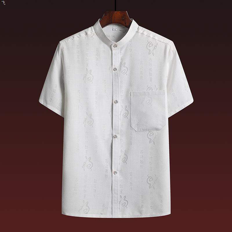 Áo lanh tay ngắn nam giới áo lanh cotton mỏng rộng rãi cho người trung niên và cao tuổi trang phục cho bố trang phục mùa hè áo sơ mi cho ông nội