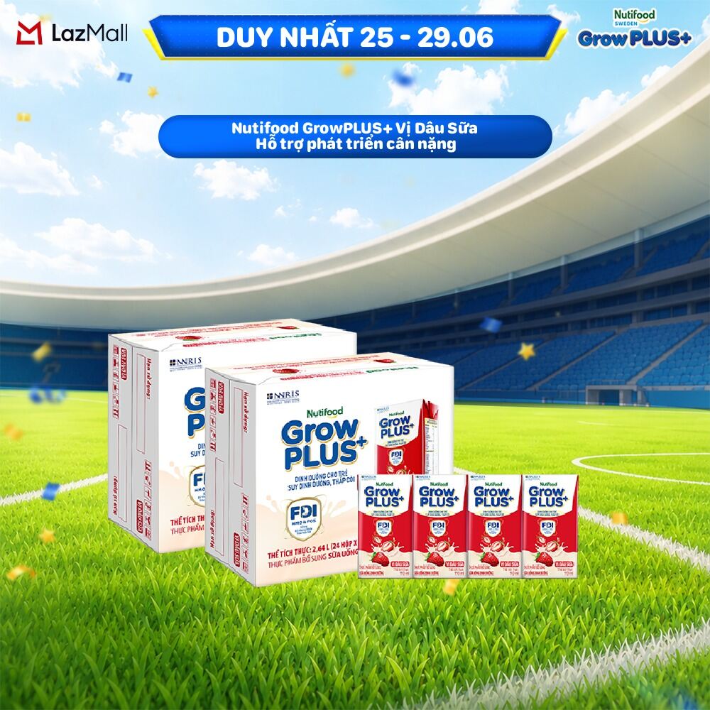 Combo 2 Thùng 24 hộp Sữa nước pha sẵn Nutifood GrowPLUS+ Vị Dâu Sữa hộp 110ml - Hỗ trợ phát triển cân nặng