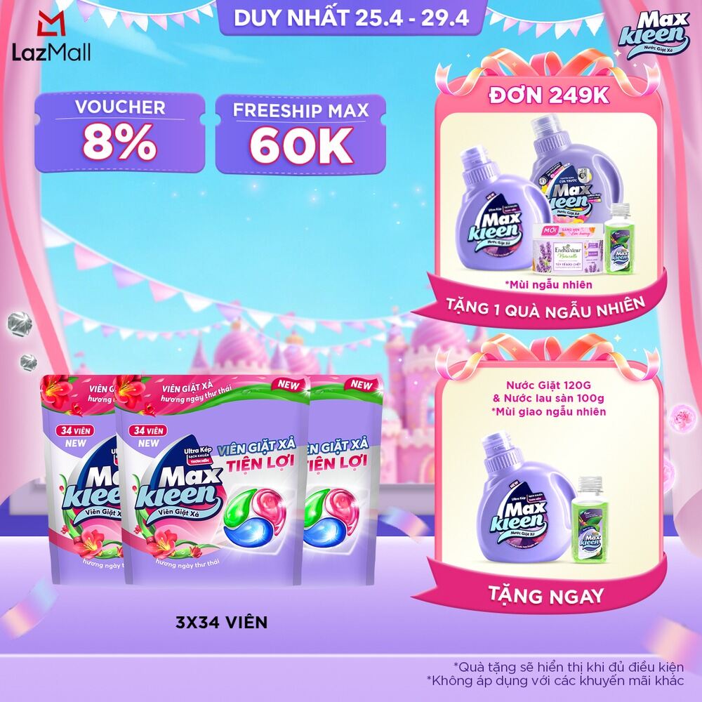 Combo 3 Túi viên giặt xả MaxKleen hương ngày thư thái (34 viên/túi)