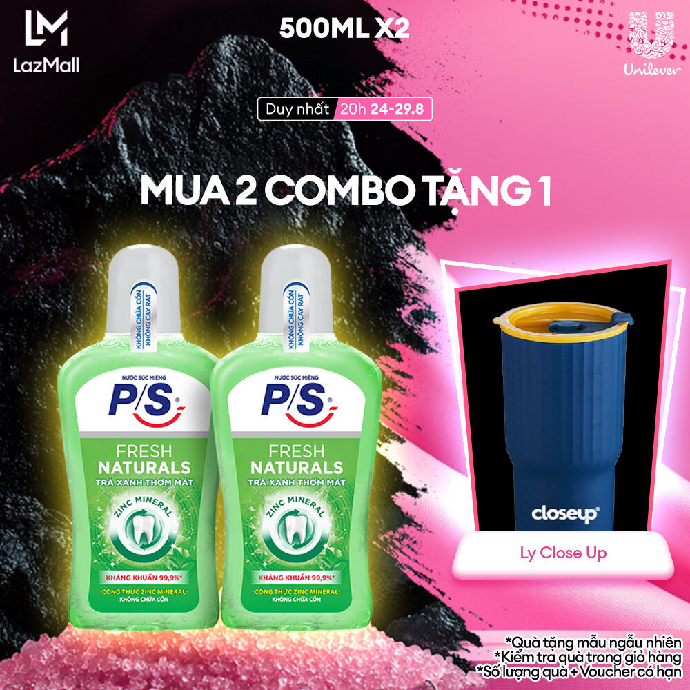 Combo 2 Nước Súc Miệng P/S Trà Xanh Zinc Mineral Không Cồn Không Cay Rát Kháng Khuẩn 99.9% Hơi Thở Thơm Mát 500Ml/Chai