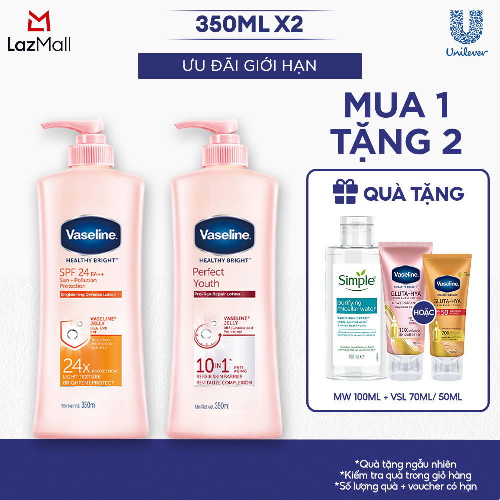 Combo 2 Sữa Dưỡng Thể Dưỡng Ẩm Vaseline Sáng Da Chống Nắng Toàn Spf24pa++  Sáng Da Perfect Youth Cải Thiện Nếp Nhăn 350ml