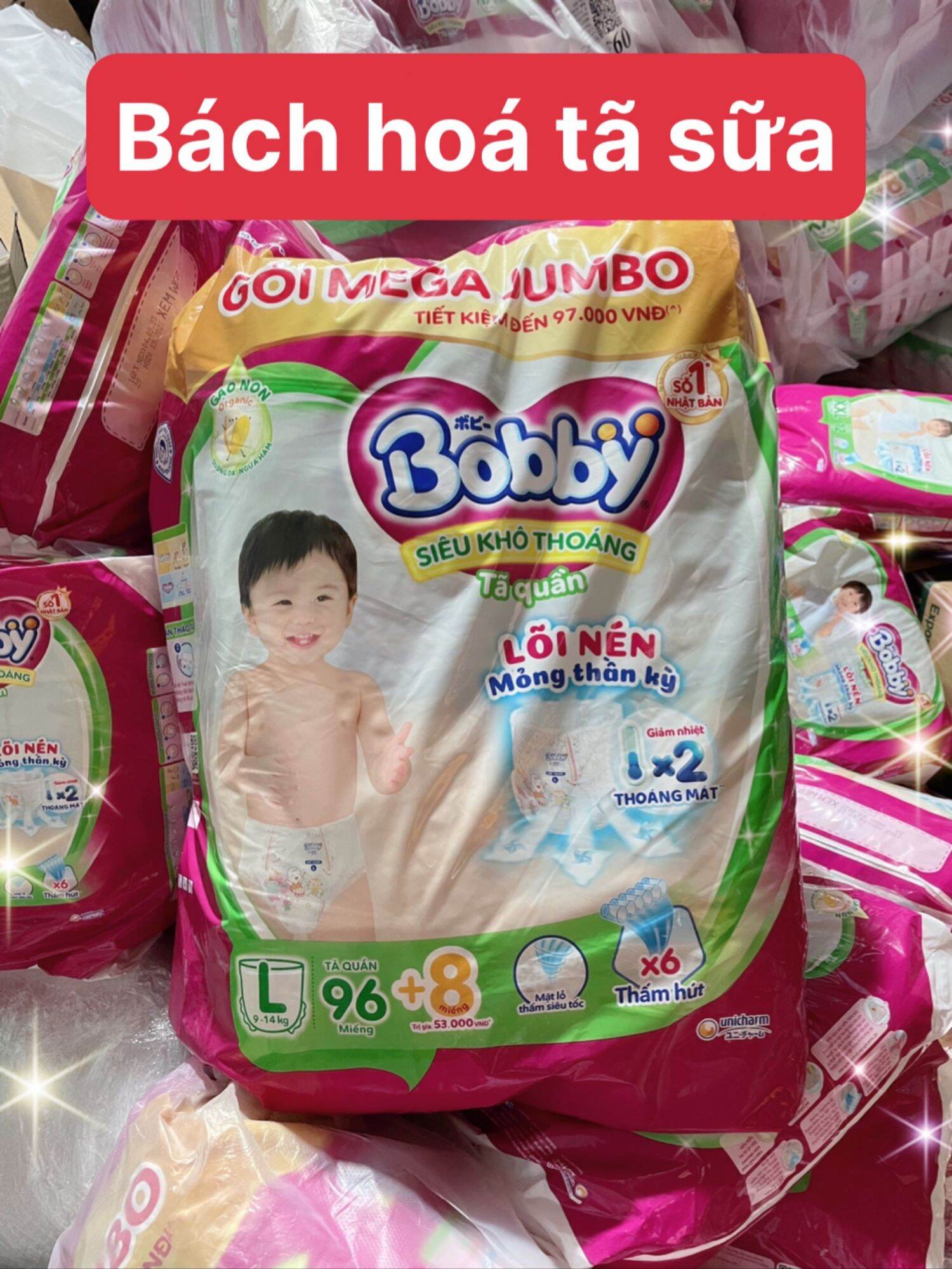 (Tặng 8 miếng) Tã quần Bobby Mega Jumbo L96 gạo non