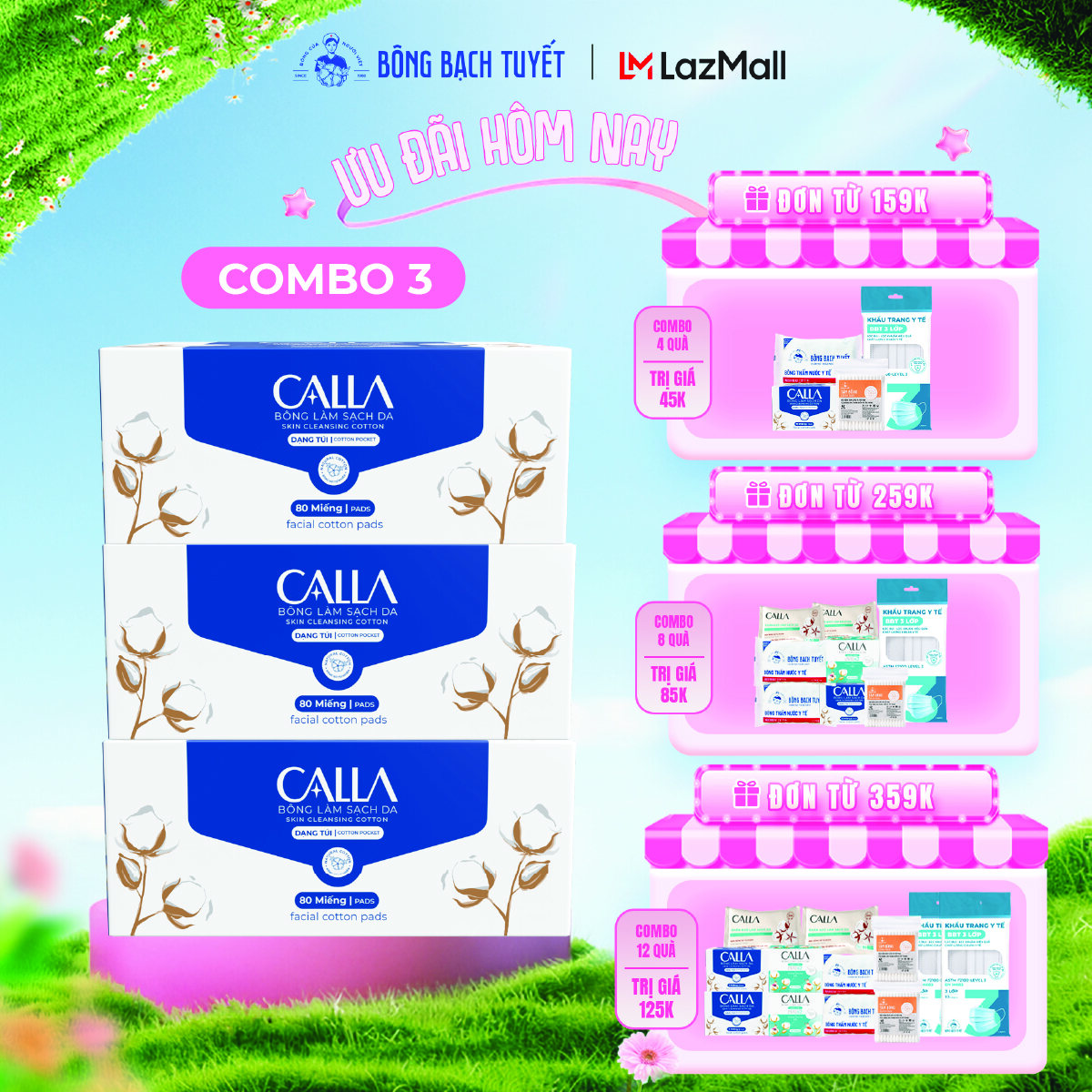 Combo 3 Bông tẩy trang Bông Bạch Tuyết Calla Xỏ Ngón Dạng Túi làm sạch da 80 miếng/hộp