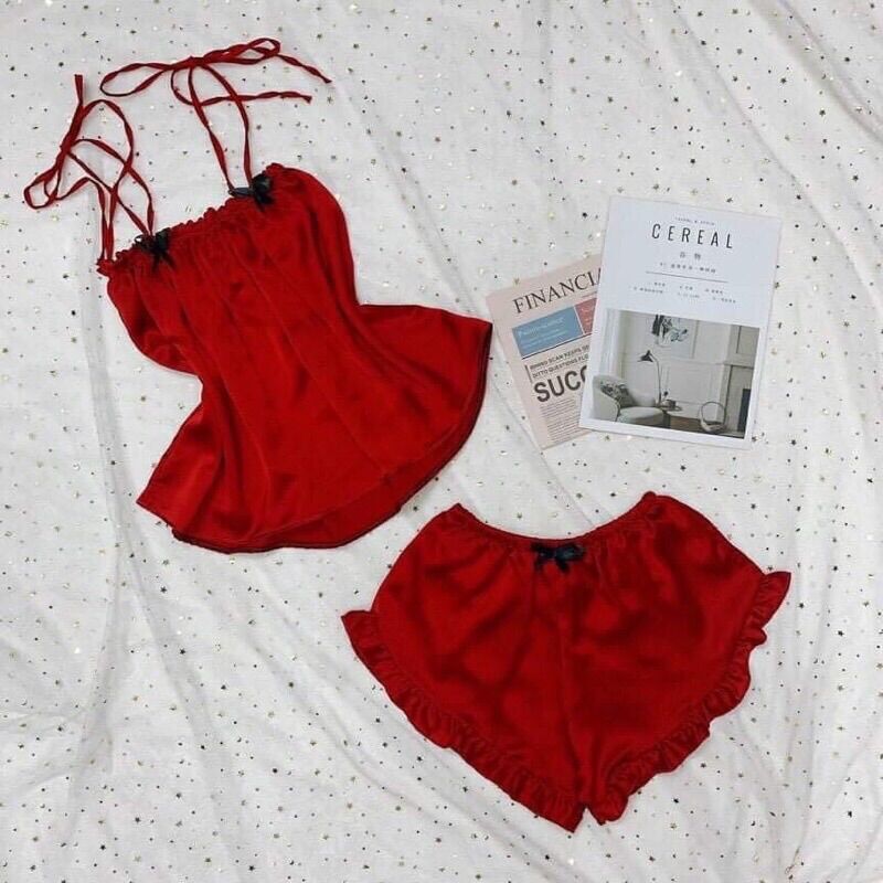 Bộ Ngủ 2 dây nơ thắtvai lụa satin(freesize dưới 65kg)