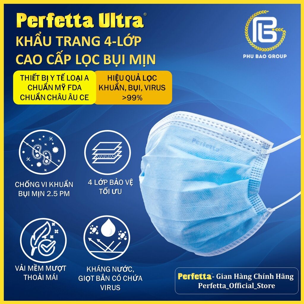 [Bịch 10 cái] Khẩu trang kháng khuẩn Perfetta Ultra 4 lớp