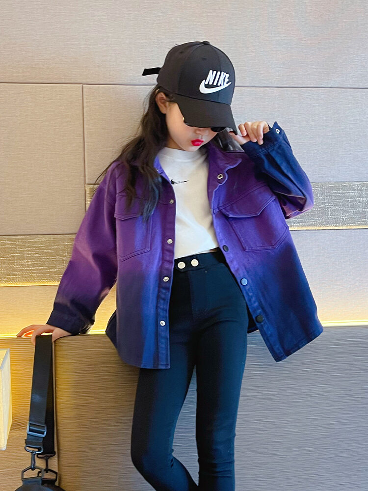 Áo Khoác Denim Thời Trang Xuân Thu Cho Bé Gái Áo Khoác Ngoài Cotton Pha Polyester Cổ Bẻ Nút Đơn Màu Trơn