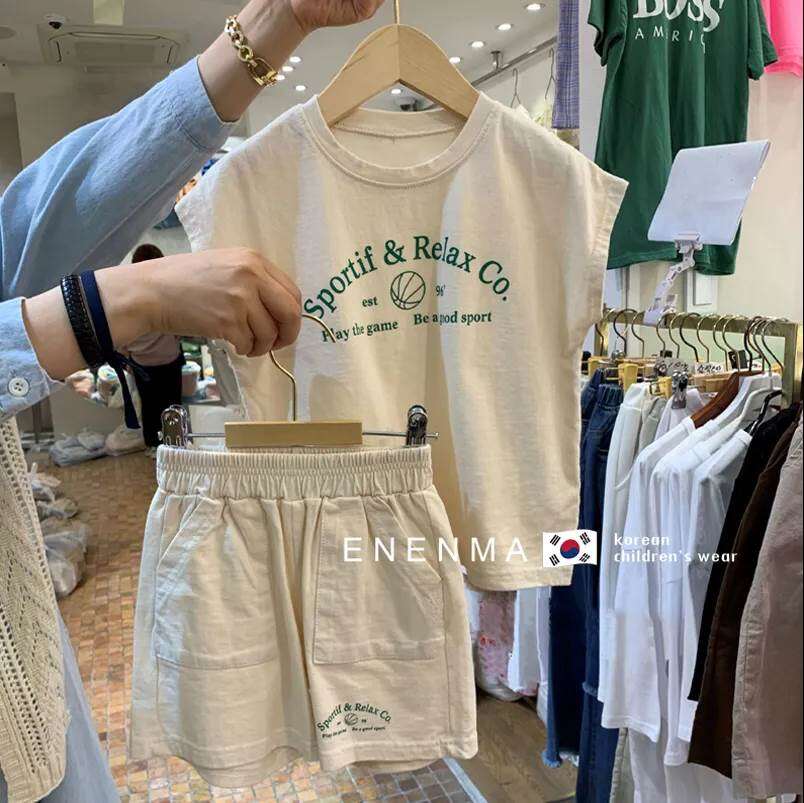 Bộ Đồ Trẻ Em Cotton Nguyên Chất Mùa Hè Thoáng Khí Thấm Mồ Hôi Quần Áo Trẻ Em Phong Cách Hàn Quốc Rộng Rãi Tay Ngắn Quần Áo Trẻ Em