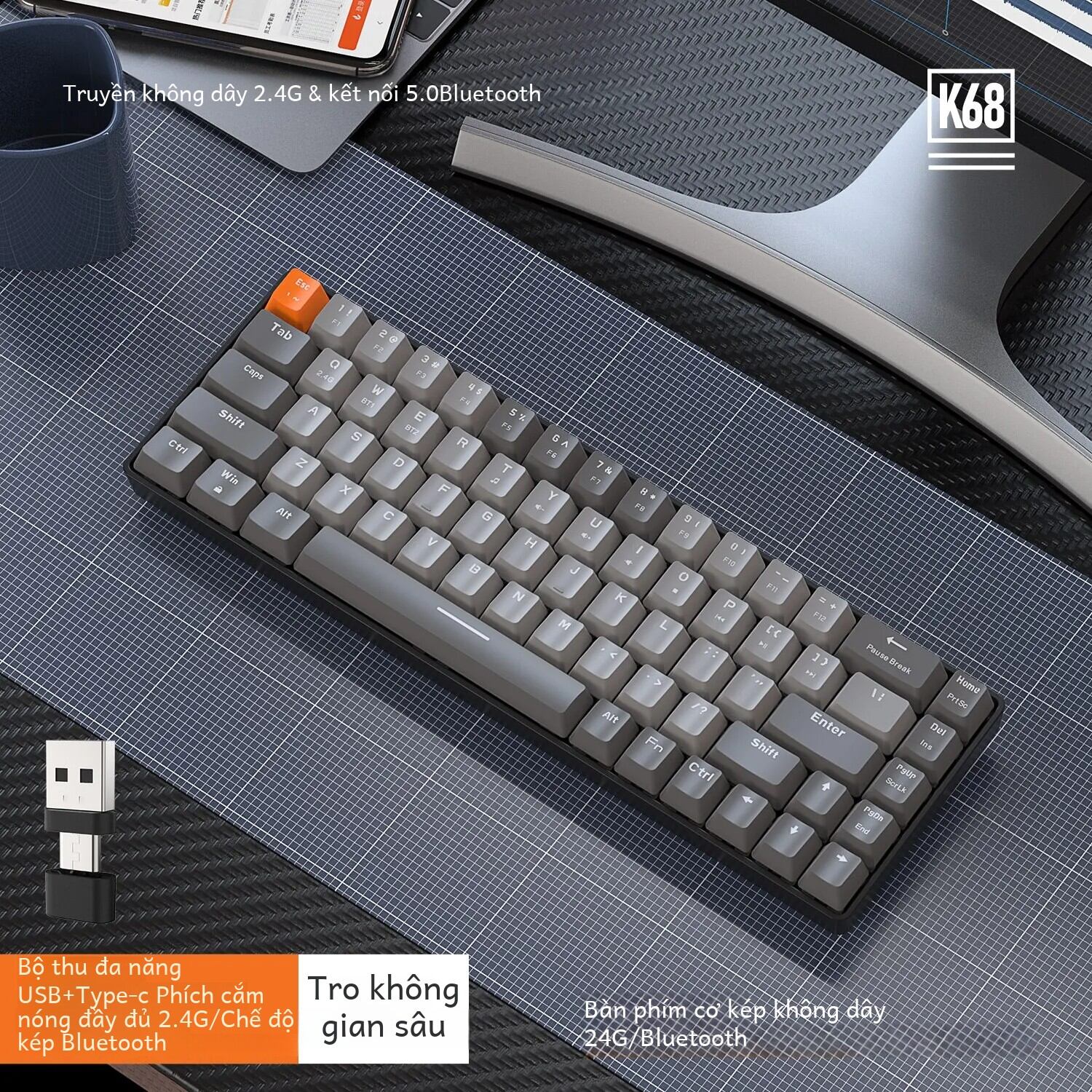 60% không dây cơ khí Bàn phím Bluetooth chế độ kép hot-swappable Mini 68-Key chuyển đổi màu đỏ cho PC PS4 Xbox iPhone iPad