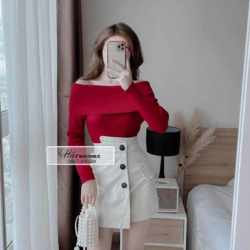 Áo bẹt vai len đỏ rực rỡ siêu đẹp