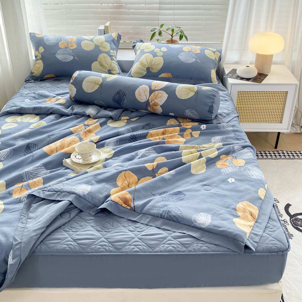 Bộ ga gối chăn trần, ga chun trần chất cotton đũi đanh, mát, mịn gồm 5 món