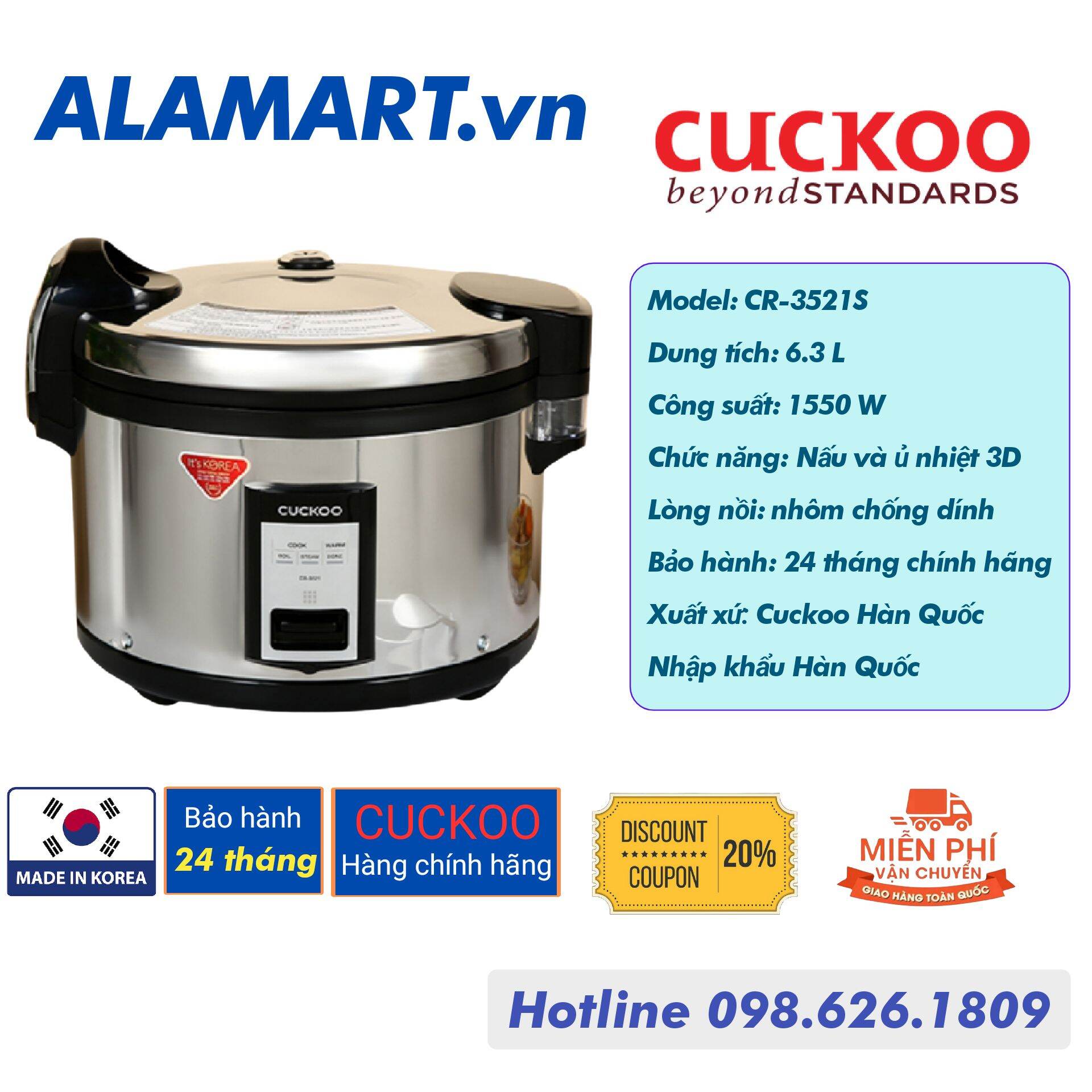 [HCM][Trả góp 0%]Nồi cơm điện Cuckoo 6.3 lít CR-3521S (INOX)( nhập khẩu Hàn Quốc)