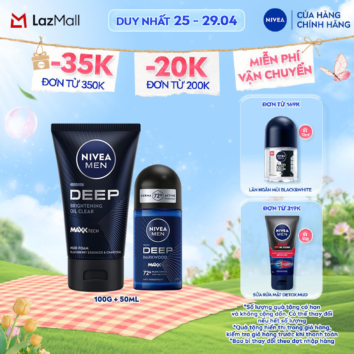 Bộ Đôi Sữa Rửa Mặt và Lăn Ngăn Mùi NIVEA MEN Deep Than Hoạt Tính 50ml - 84415+80031