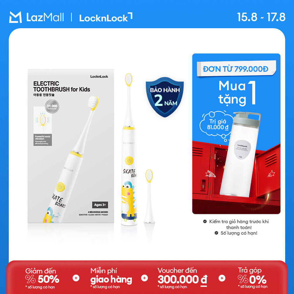 ENR226WHT-Bàn chải đánh răng điện/ Đầu bàn chải cho bé Locknlock Electric toothbrush for kids - 4 chế độ, chống nước - Hàng chính hãng
