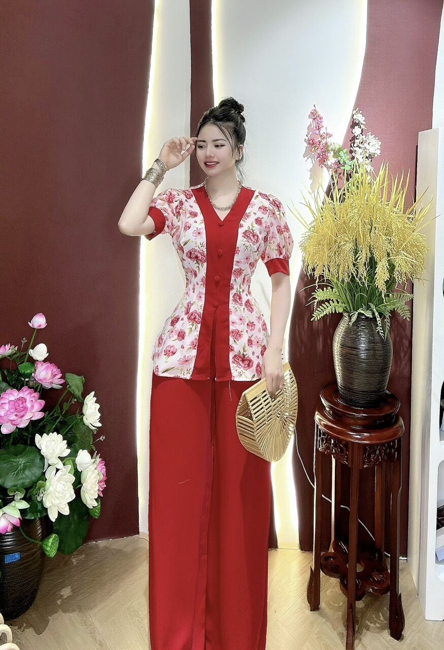 Bộ bà ba cổ tim tay phồng búp / Sét bà ba cổ tim