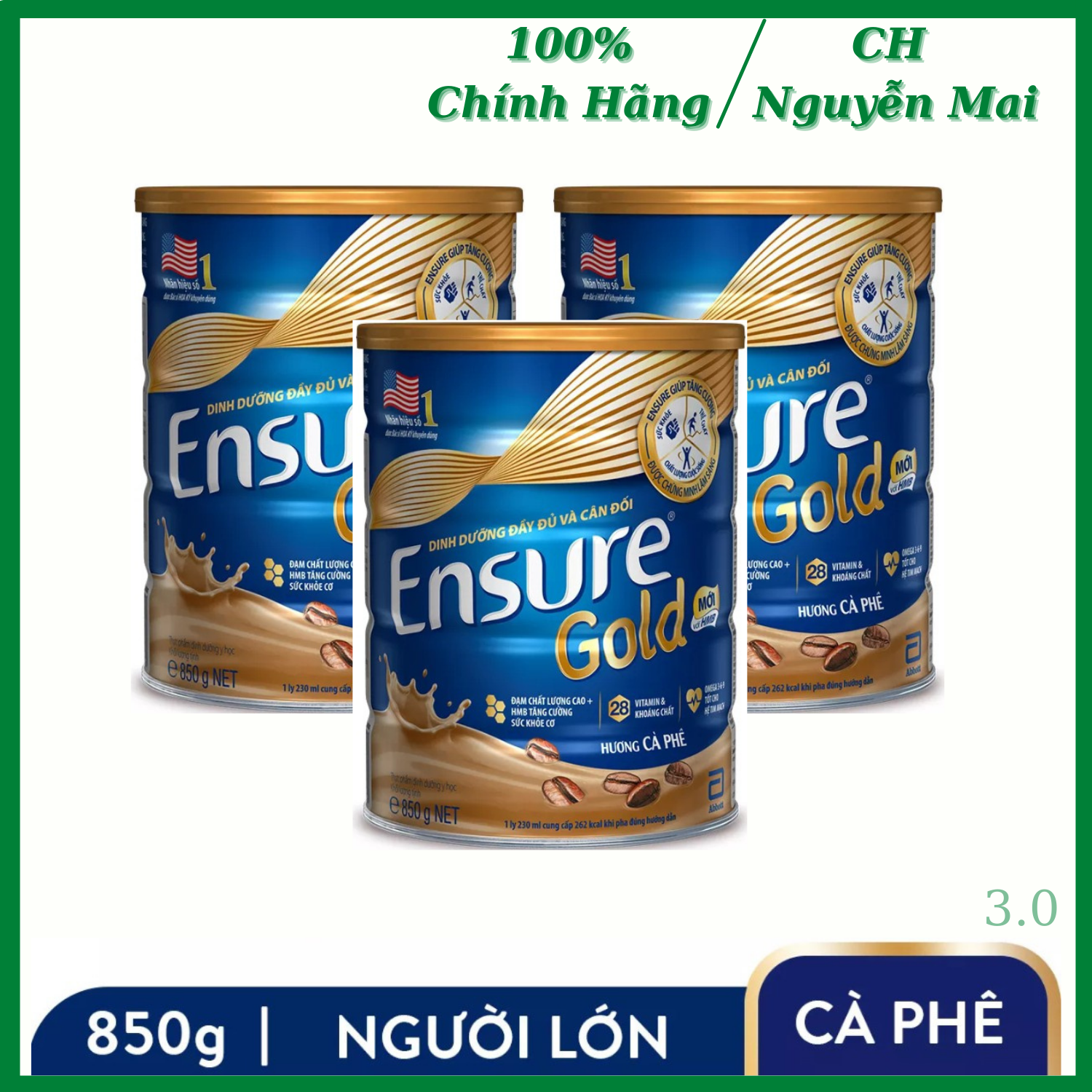 Combo 3 hộp sữa bột ensure gold hương cà phê 850g