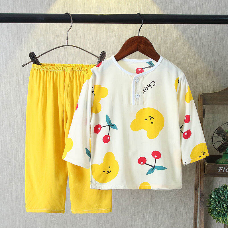 Đồ ngủ trẻ em lụa cotton mùa hè bộ đồ bé trai bộ đồ mặc nhà điều hòa bé gái mỏng tay dài lụa thô bé gái em bé
