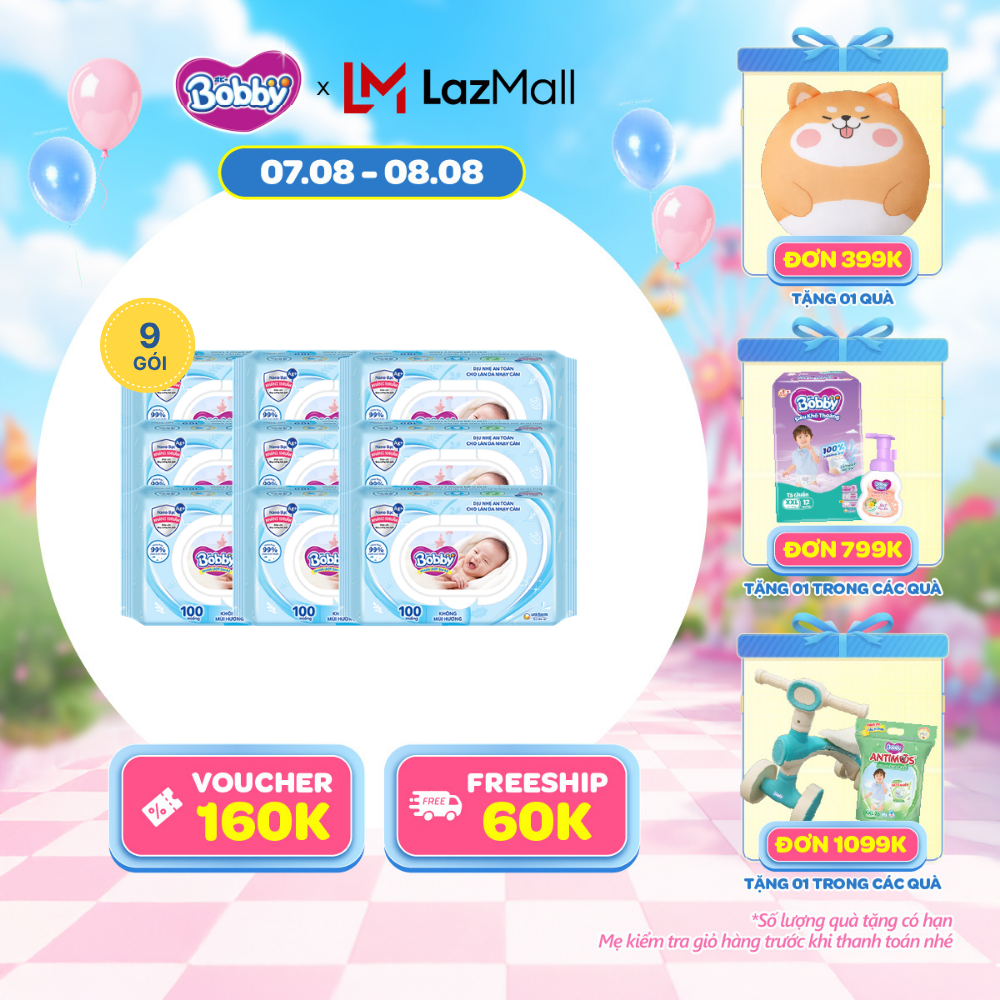 [20g 7-10.8 QUÀ TO]Combo 9 gói khăn ướt Bobby Care không hương 100 miếng/gói