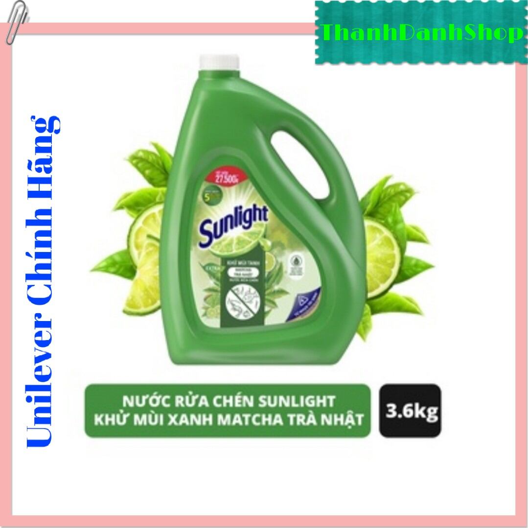 Nước rửa chén Sunlight trà xanh matcha Nhật Bản can 3.6kg khử 5 mùi tanh khó chịu 100% tinh dầu thiên nhiên vỏ bình làm từ nhưa tái sinh thân thiện với môi trường