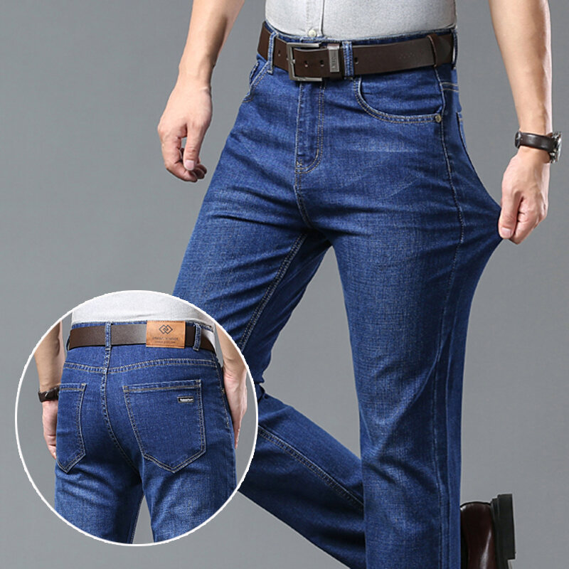 Nam Ice Silk Quần Jean Denim Đa Năng Dáng Rộng Lưng Thun Trung Trọng Quần Jean Ống Suông Cho Mùa Hè 