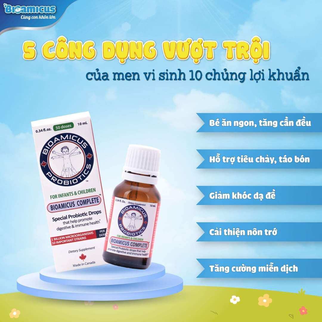 Men 10 chủng Bioamicus Complex giúp cân bẵng hẹ tiêu hóa hỗ trợ kích thích bé ăn ngon giảm nôn trớ ở trẻ. Tăng cường hệ miễn dịch hết táo bón trào ngược