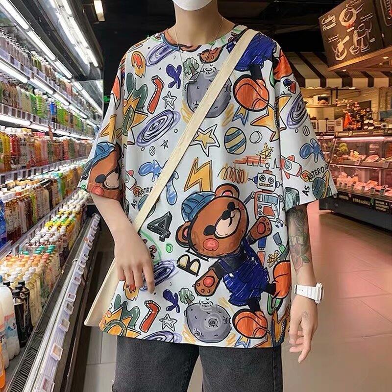 Áo phông cộc tay nổi bật đường phố hoạt hình graffiti áo cặp đôi rộng rãi cỡ lớn instagram mùa hè trào lưu thương hiệu thời trang nam tay lỡ áo phông ngắn