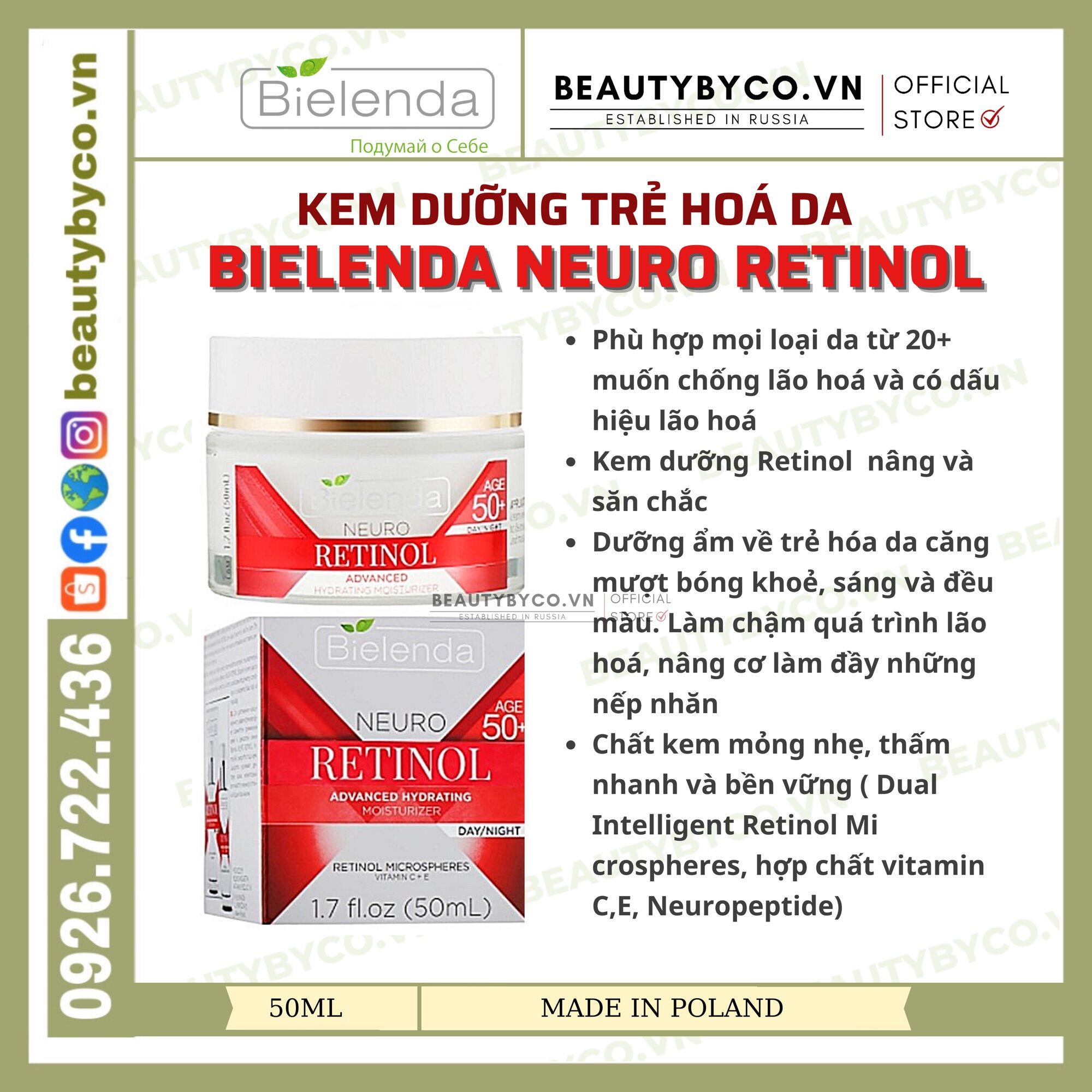 Kem Dưỡng Bielenda Neuro Retinol Lifting Anti - Wrinkle Face Cream Concentrate 50+ Dưỡng Ẩm Trẻ Hoá Nâng Cơ Láng Mịn Da