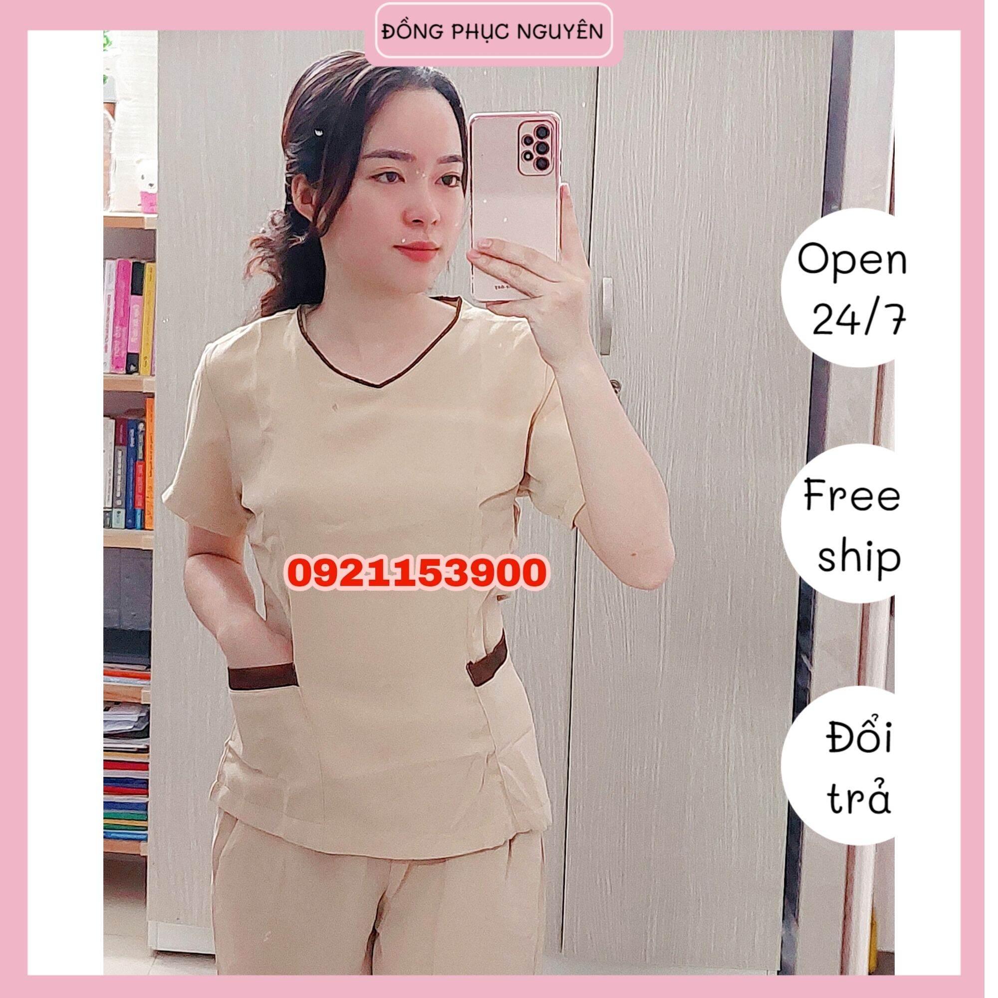 Đồng phục spa màu kem viền nâu tây