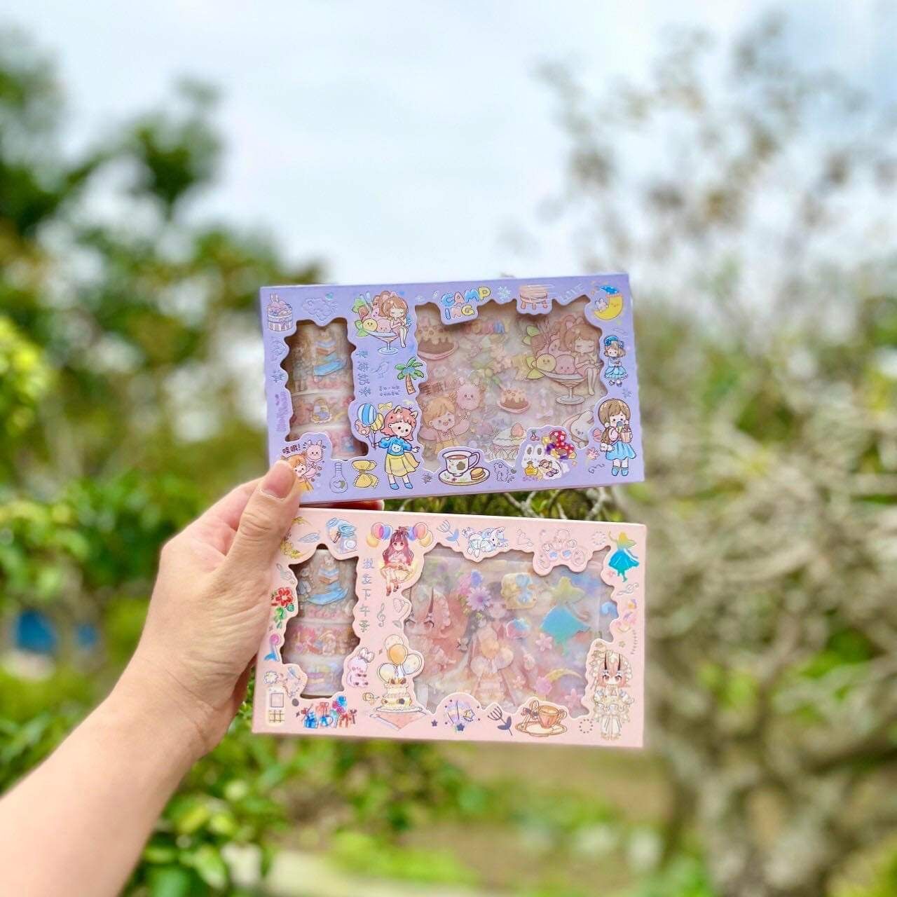 Hộp 10 tấm sticker+3 cuộn washi