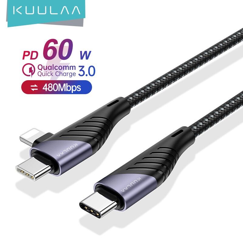Dây cáp kuulaa chuyển đổi đầu type c sang 2 đầu type c và lightning đa năng hỗ trợ sạc nhanh 60w