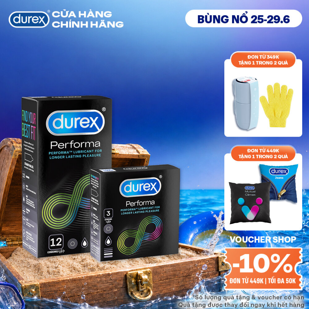 Bộ bao cao su Durex Performa kéo dài thời gian size 52mm, 1 hộp 12 bao và 1 hộp 3 bao