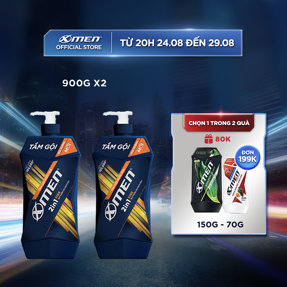 Combo 2 Tắm gội Nước hoa X-Men Fire 2in1 - 12h Thơm Lâu Sạch Sâu 900g