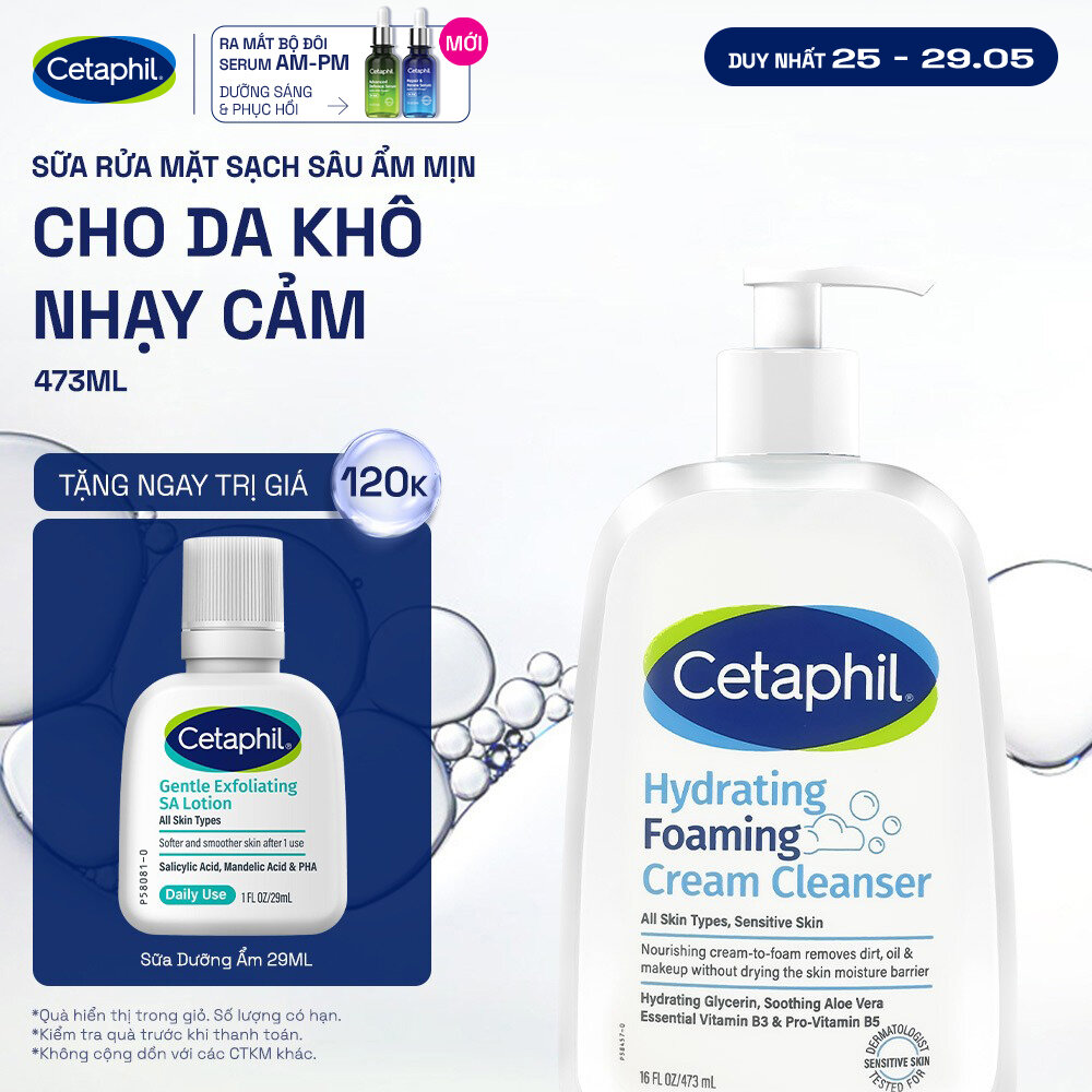 Sữa rửa mặt tạo bọt dịu lành cho da khô nhạy cảm Cetaphil Hydrating Foaming Cream Cleanser 473ml