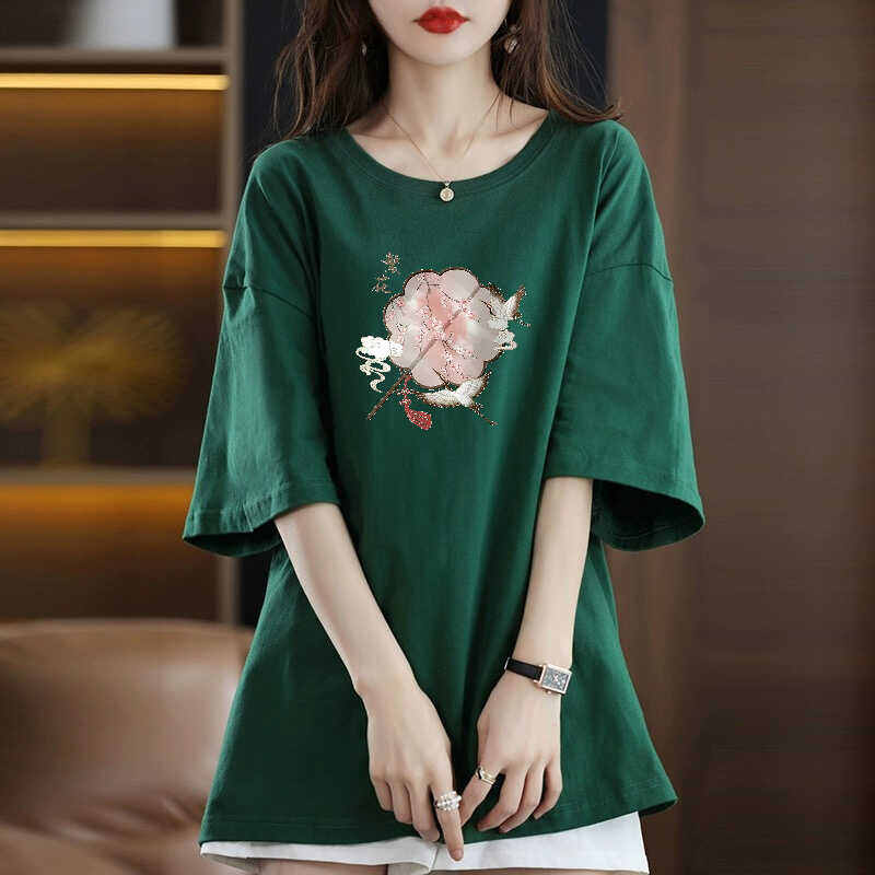 Áo Thun Nữ Tay Ngắn Phong Cách Trung Quốc, Áo Thun in Họa Tiết Mùa Hè, Cổ Tròn, Dài Vừa Phải, Thường Ngày, Tay Ngắn, Trung Tính